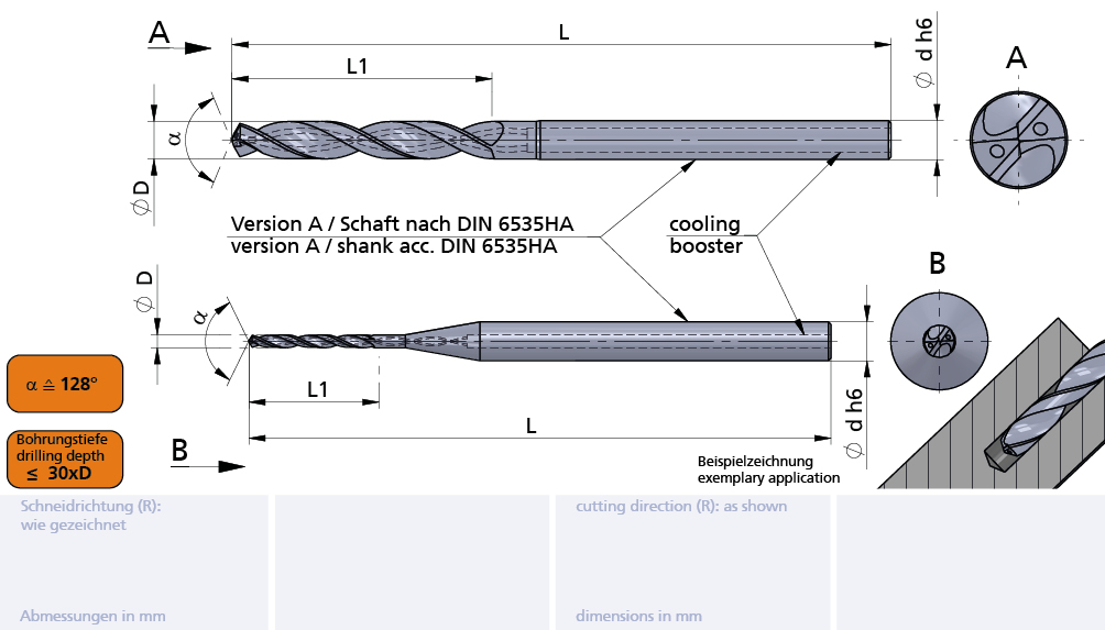 BM Line VHM-Mikrobohrer / Micro Drill ø1.0h6, 30xD, 128° Cooling Booster