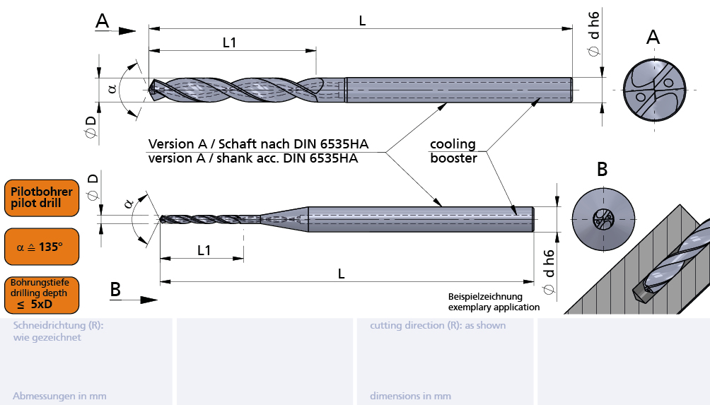 BM Line VHM-Mikrobohrer / Micro Drill ø0.8m6, 5xD, 135° Pilot Bohrer Cooling Booster